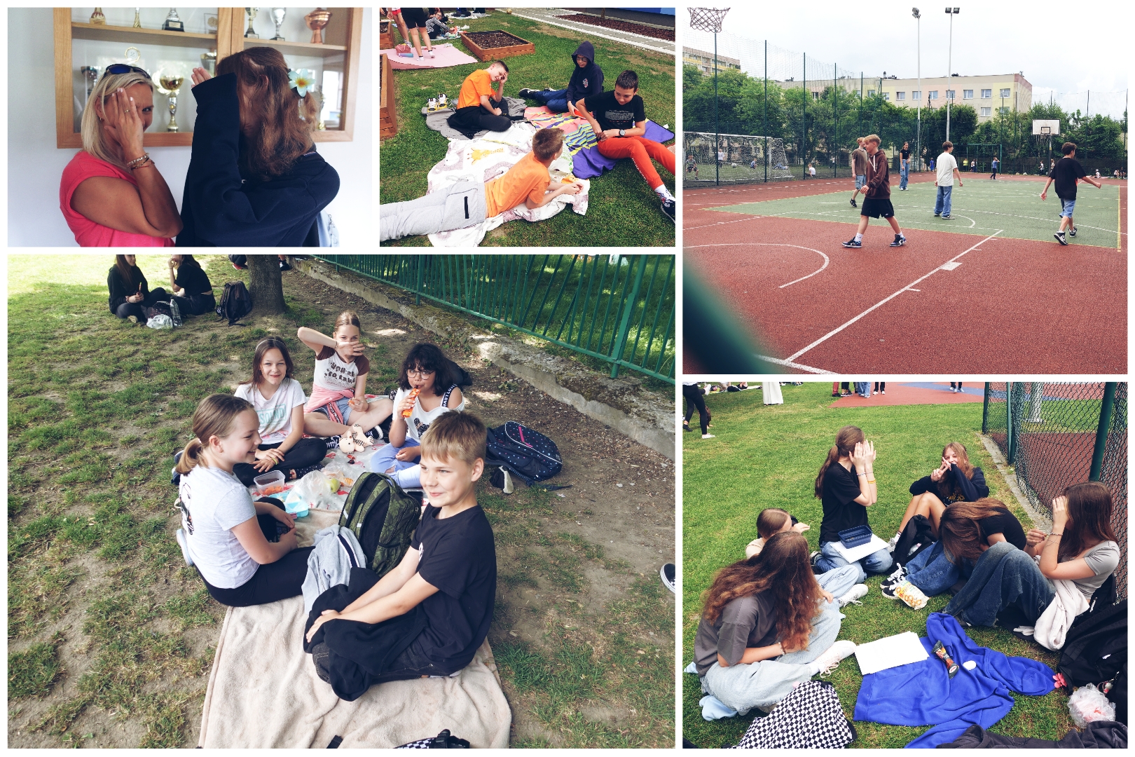 Społeczność SP17 w trakcie śniadania na trawie.