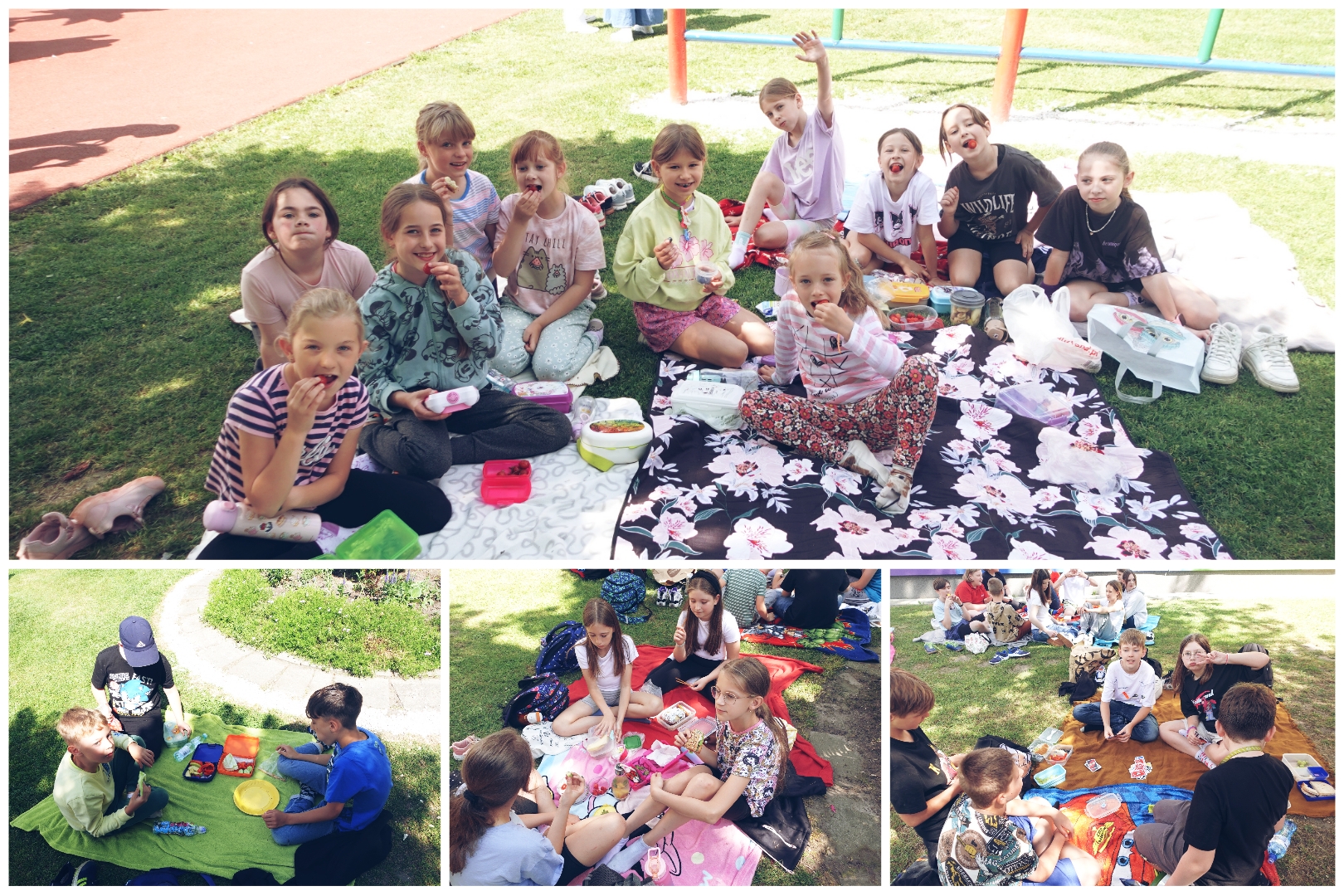 Społeczność SP17 w trakcie śniadania na trawie.
