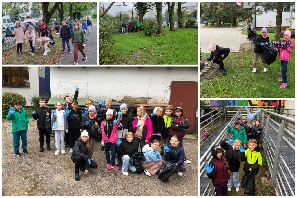 Uczniowie i uczennice w trakcie sprzątania.