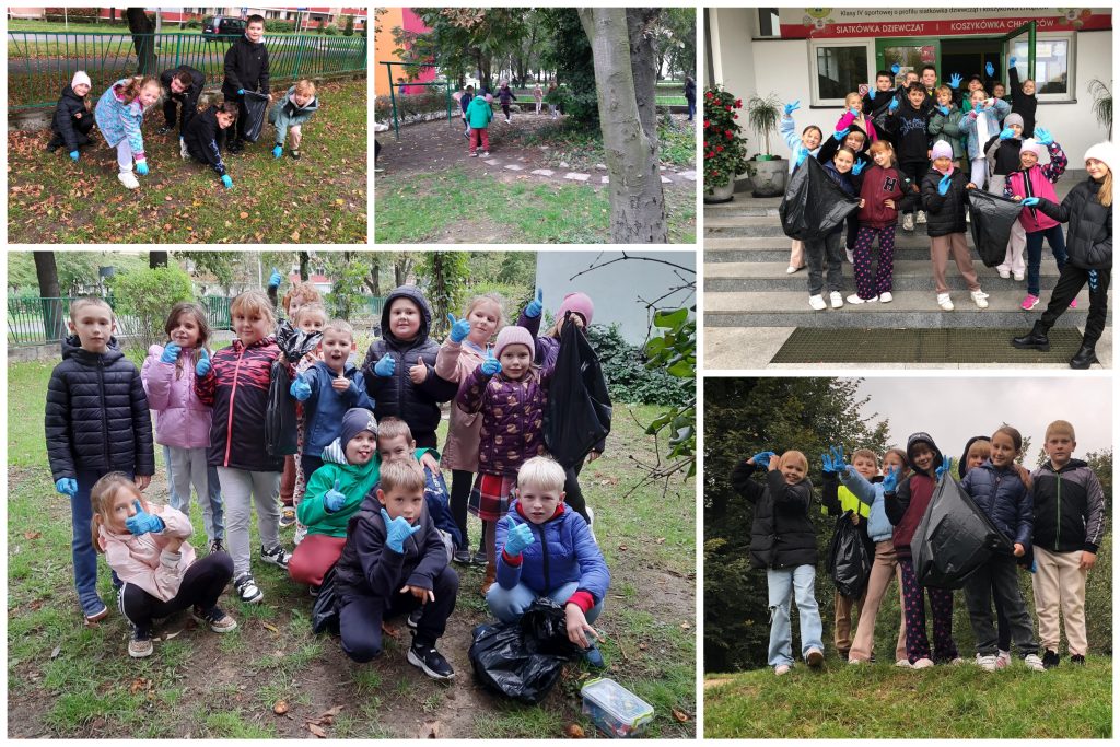 Uczniowie i uczennice w trakcie sprzątania.