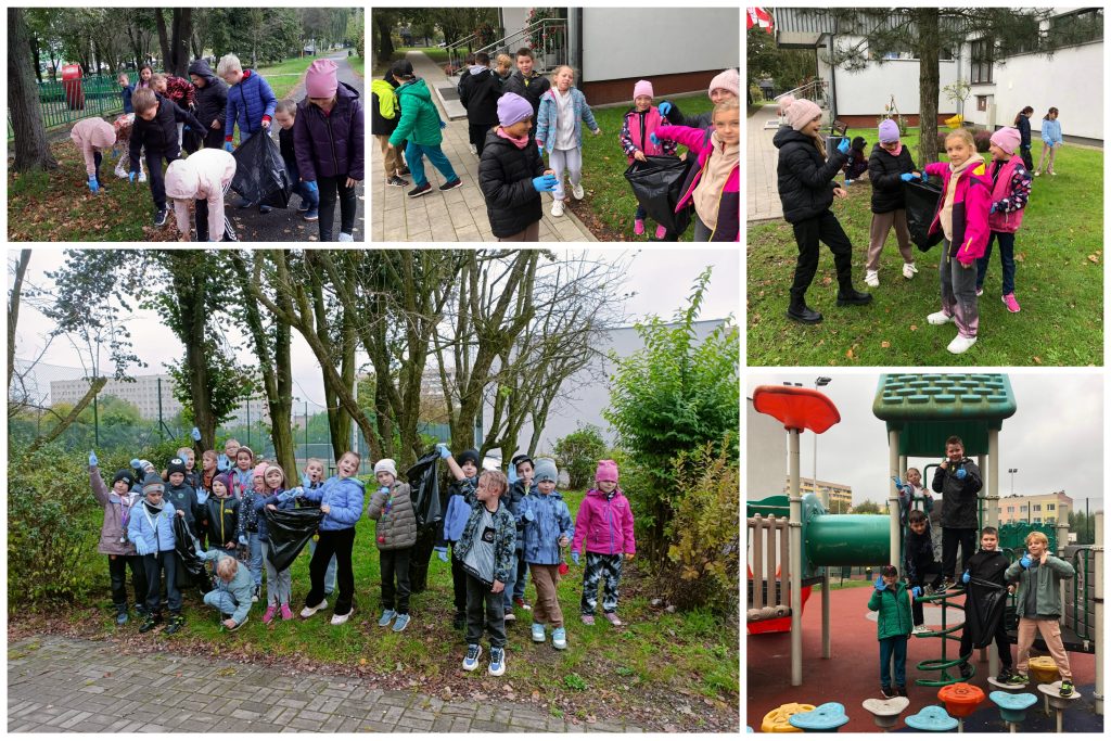 Uczniowie i uczennice w trakcie sprzątania.
