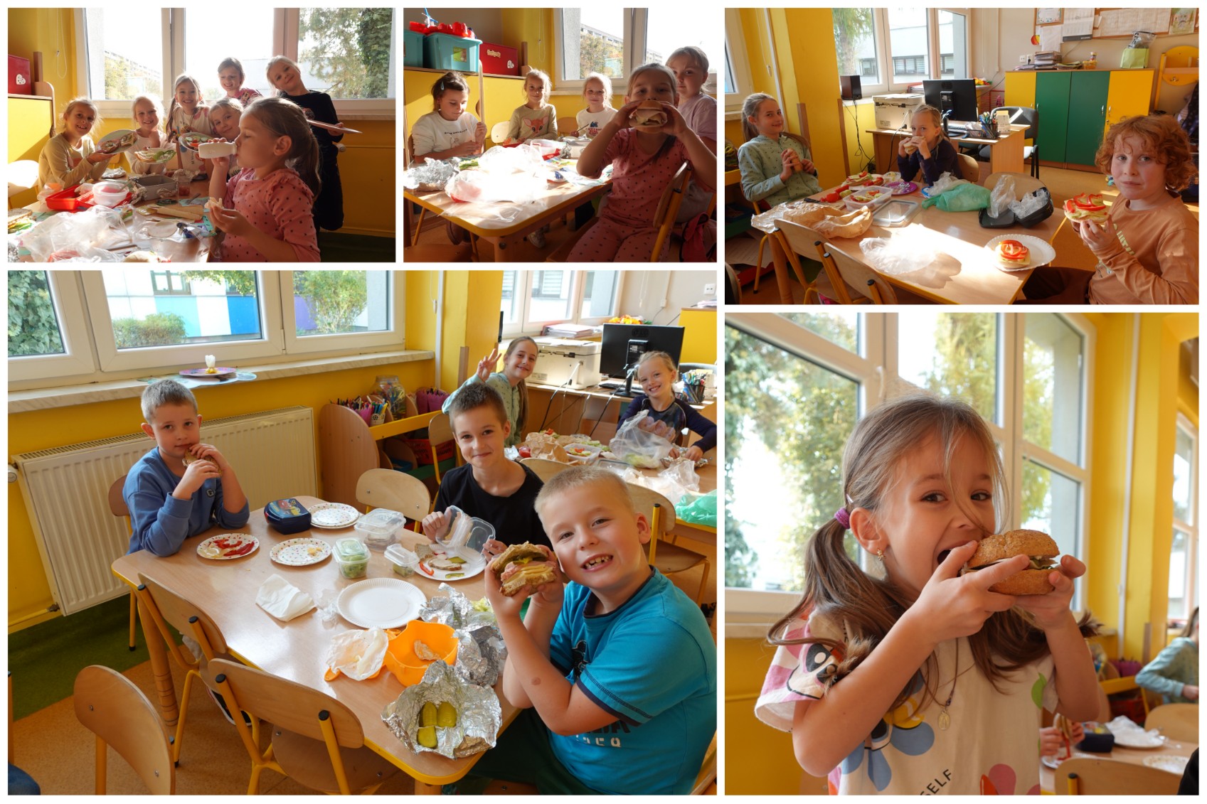 Wychowankowie świetlicy robiący kolorowe kanapki.