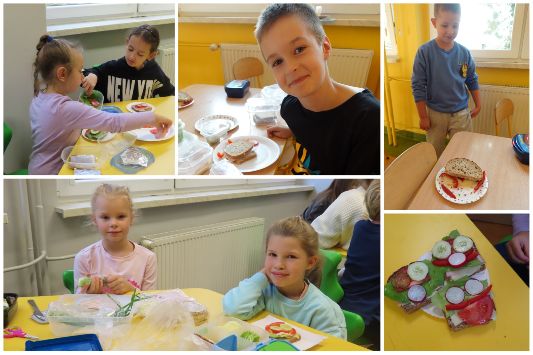 Wychowankowie świetlicy robiący kolorowe kanapki.