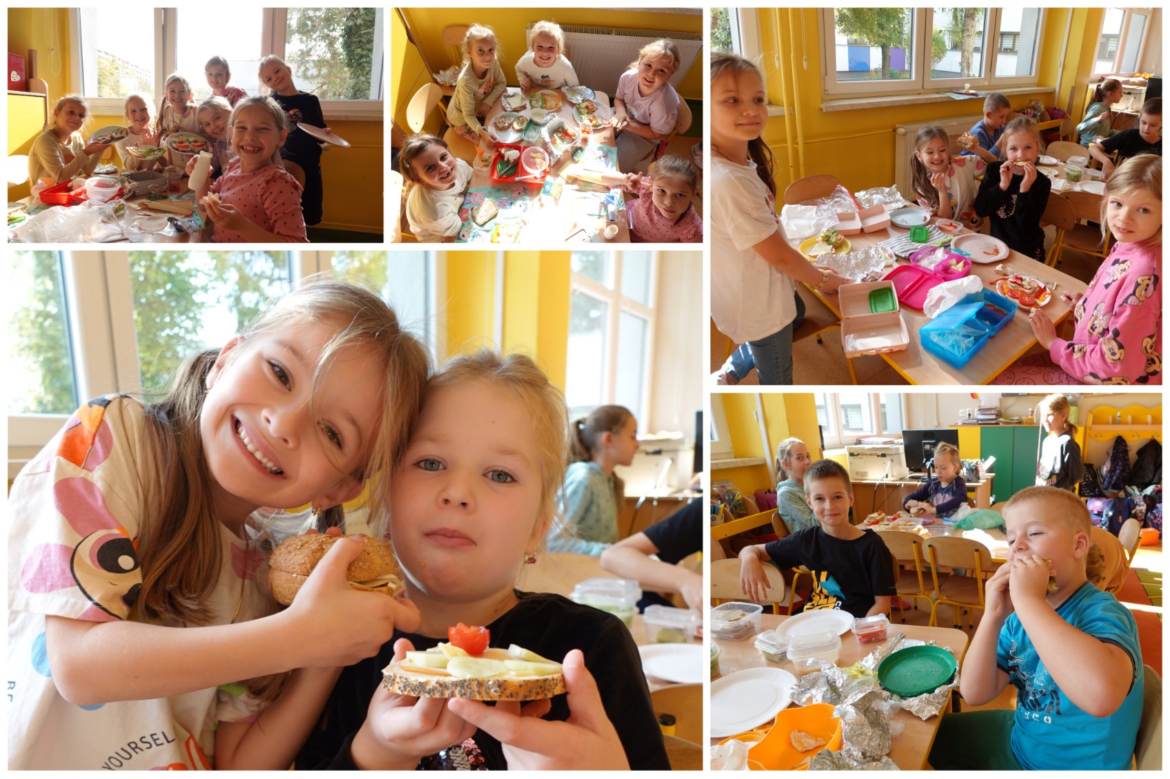 Wychowankowie świetlicy robiący kolorowe kanapki.