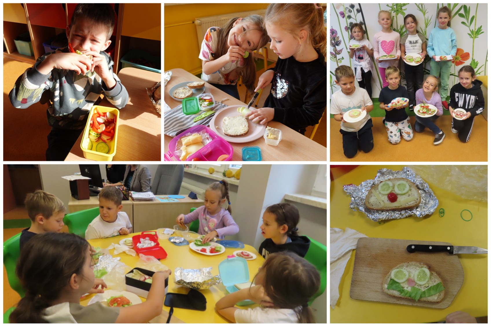 Wychowankowie świetlicy robiący kolorowe kanapki.
