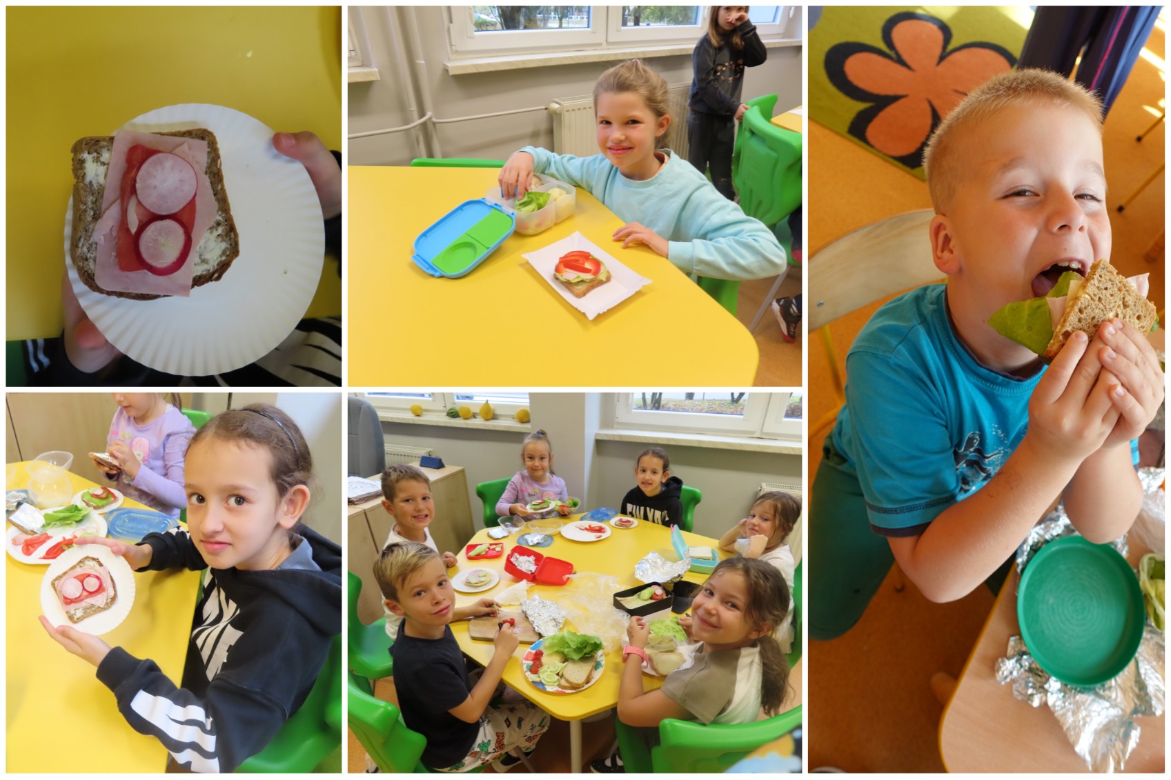 Wychowankowie świetlicy robiący kolorowe kanapki.