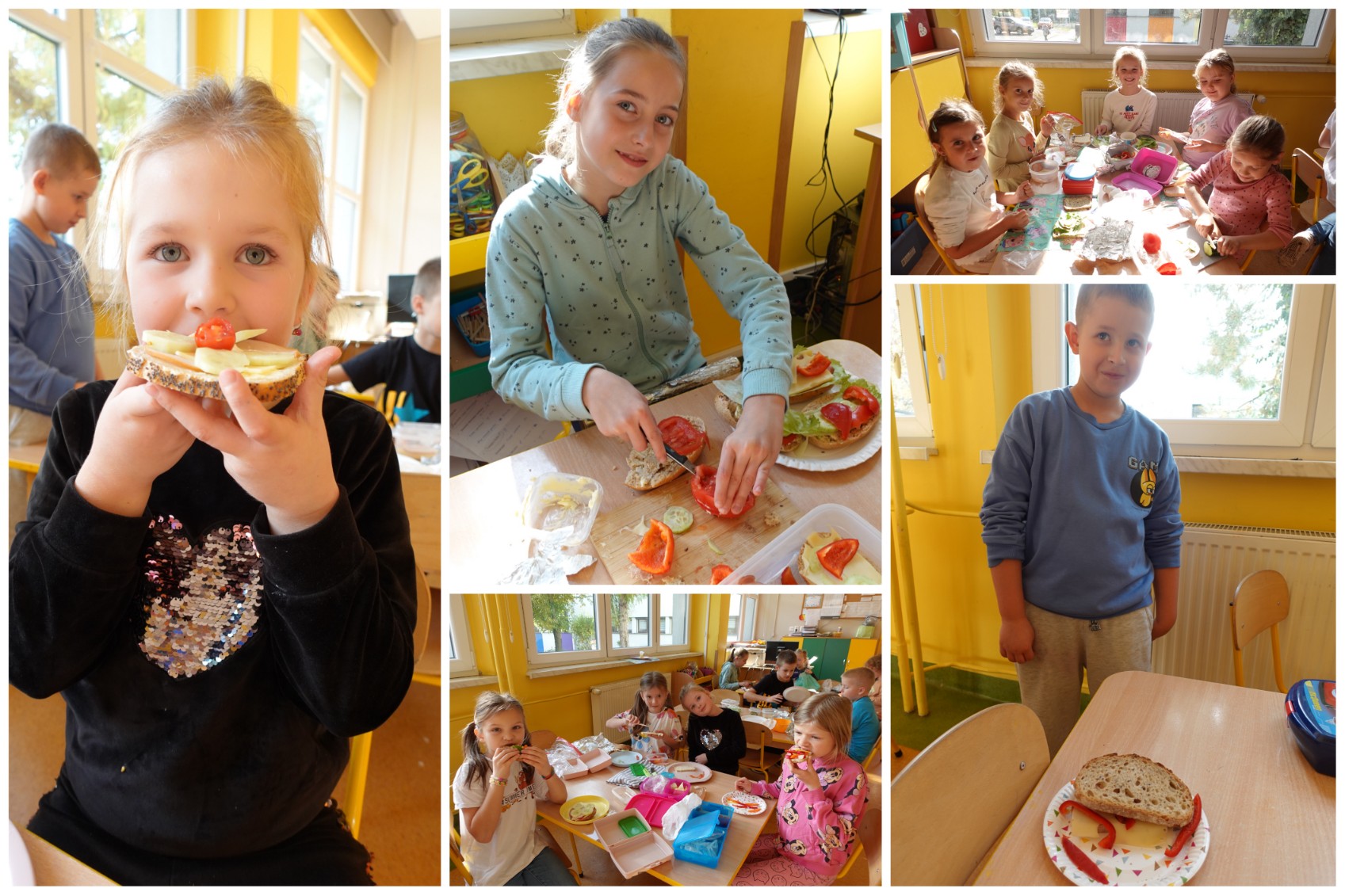 Wychowankowie świetlicy robiący kolorowe kanapki.