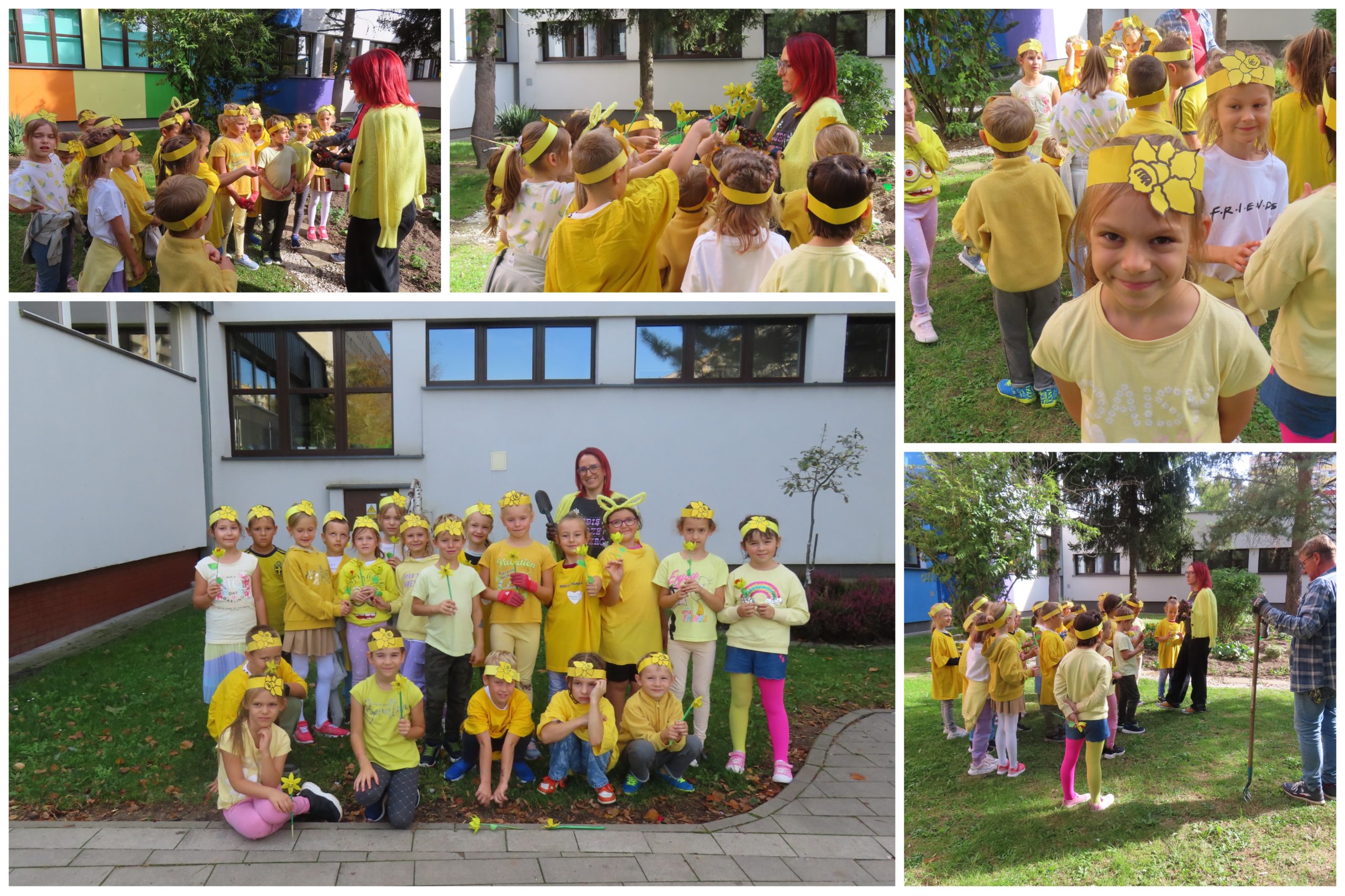 Uczniowie i uczennice Siedemnastki sądzą żonkile.