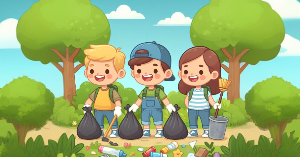 Uczniowie i uczennice w trakcie sprzątania- grafika