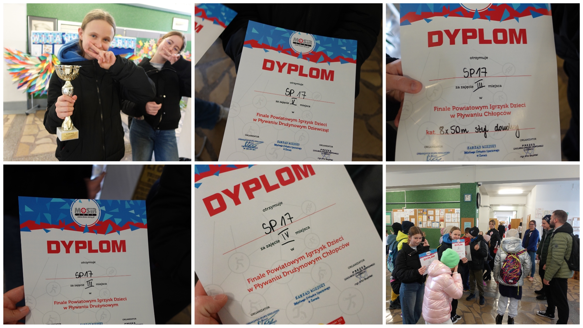 Ekipa pływacka i trofea.