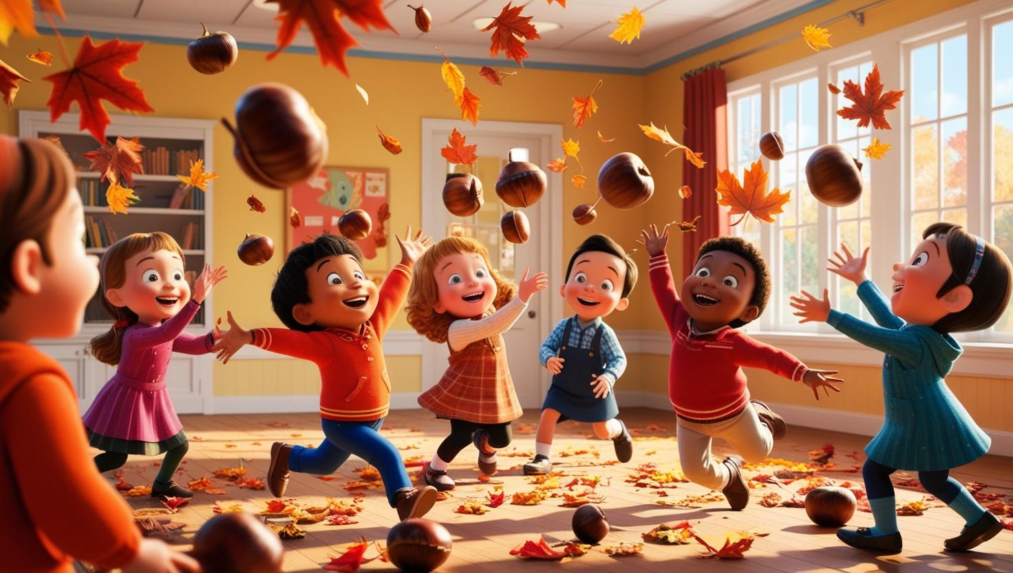 Grafika- dzieci skaczące wśród liści