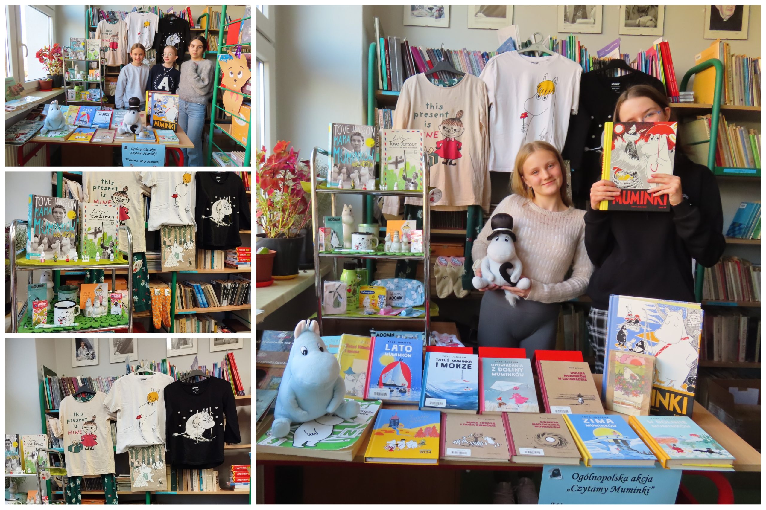 Muminkowa wystawa w bibliotece szkolnej.