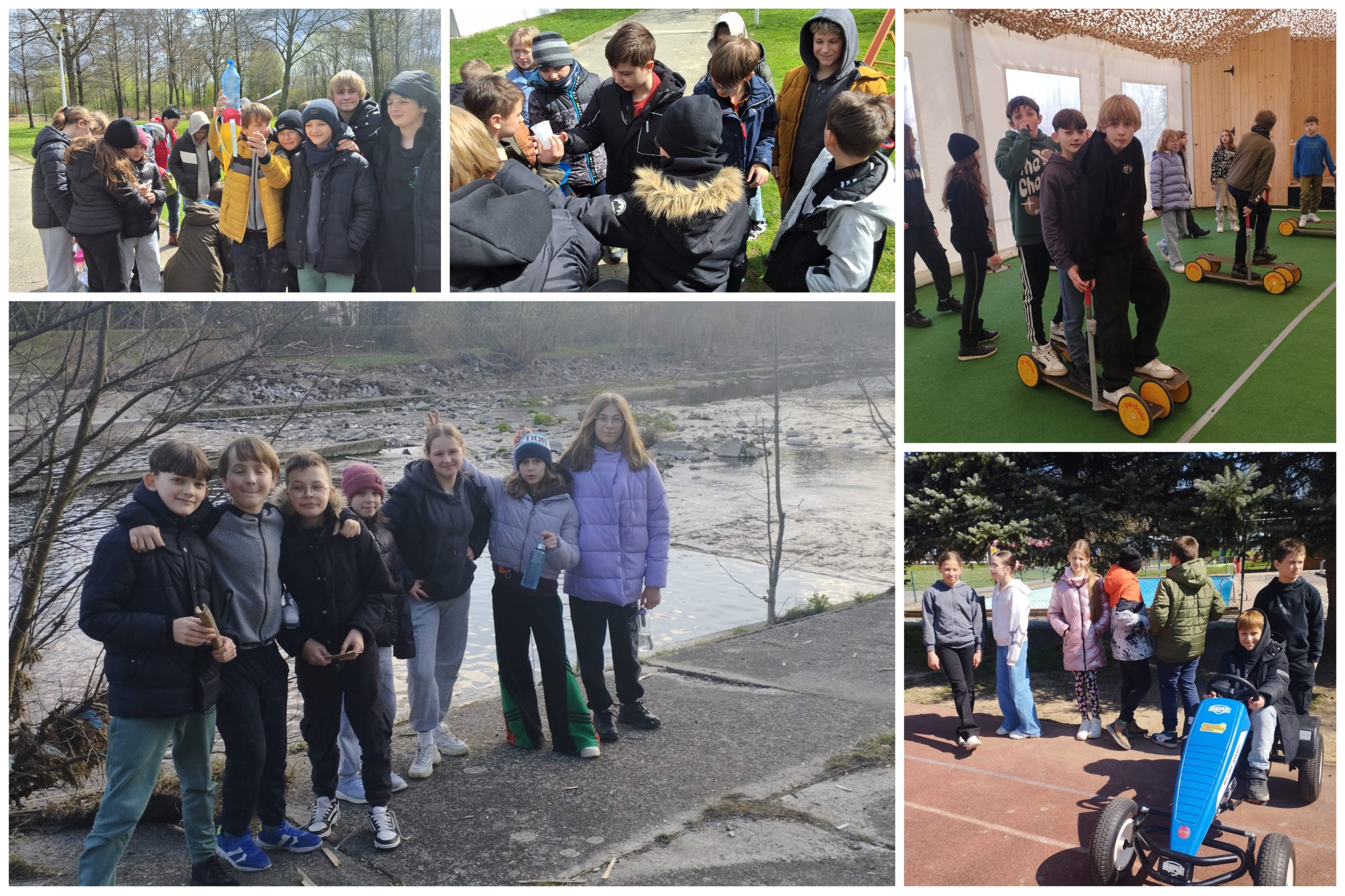 Uczniowie i uczennice w trakcie różnych aktywności.
