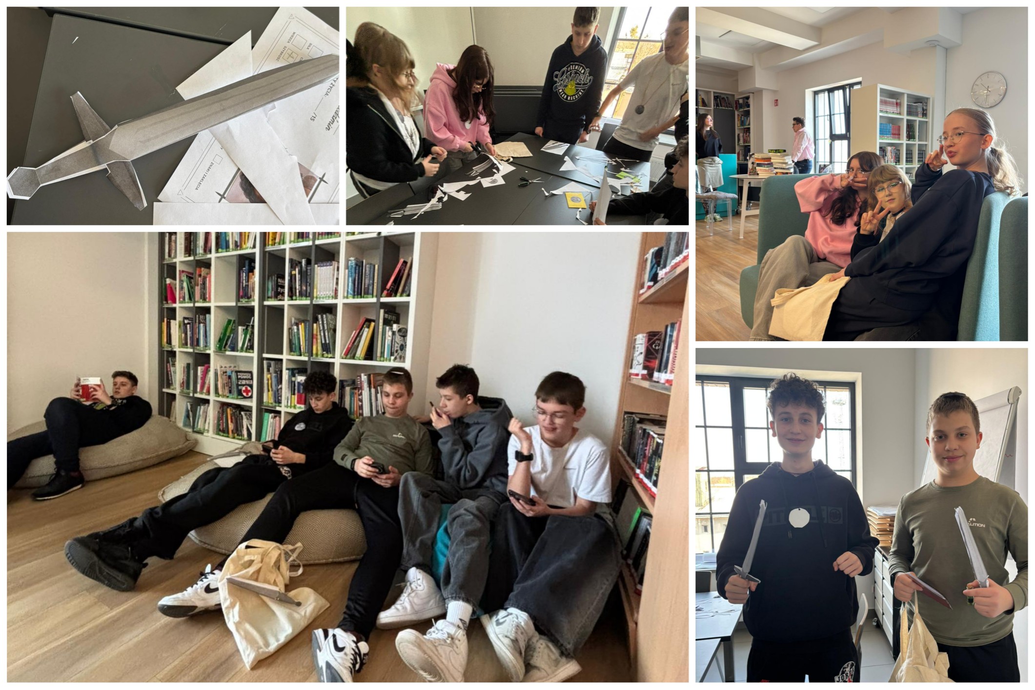 Uczennice i uczniowie w trakcie zajęć bibliotece.