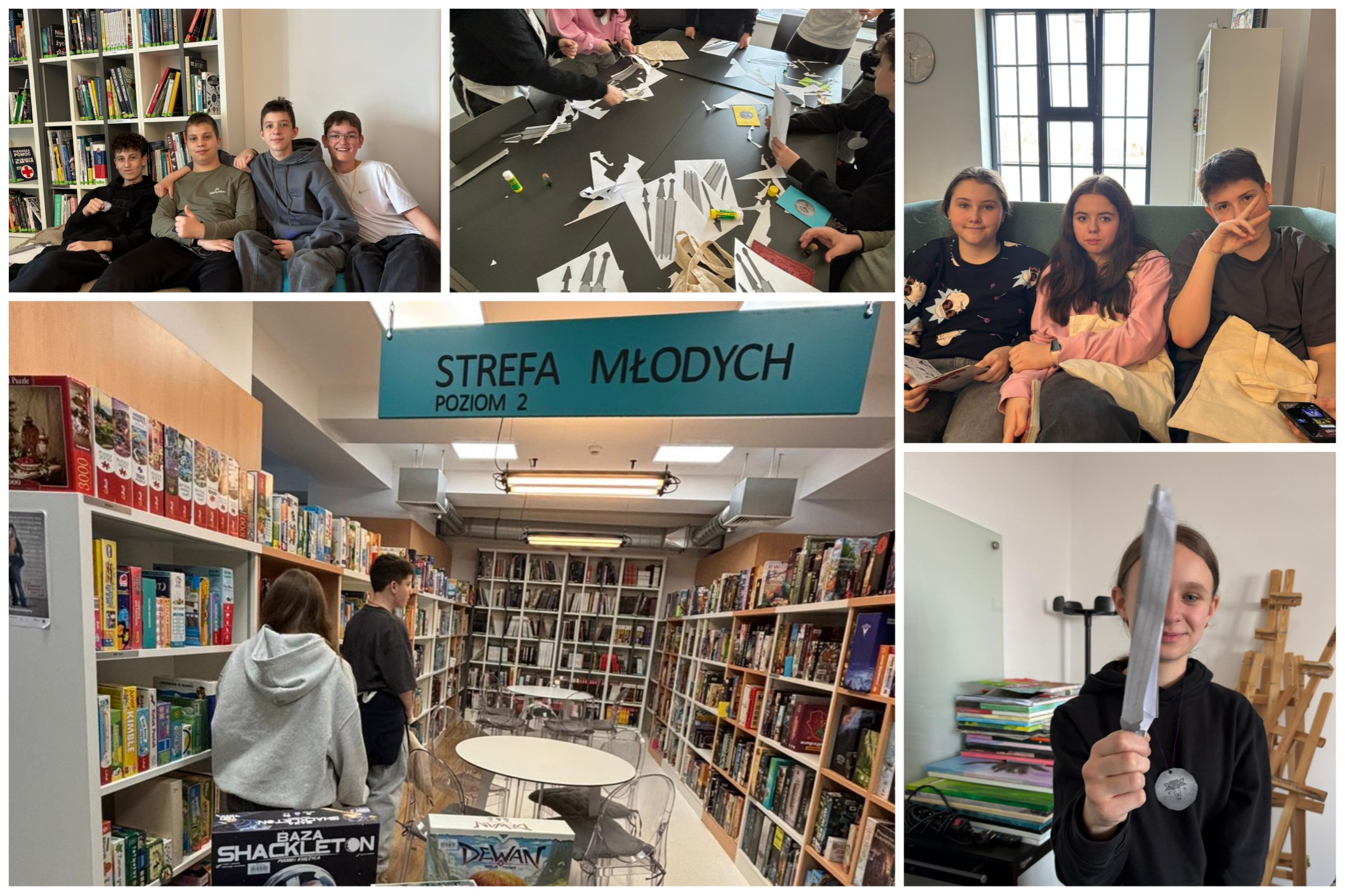 Uczennice i uczniowie w trakcie zajęć bibliotece.